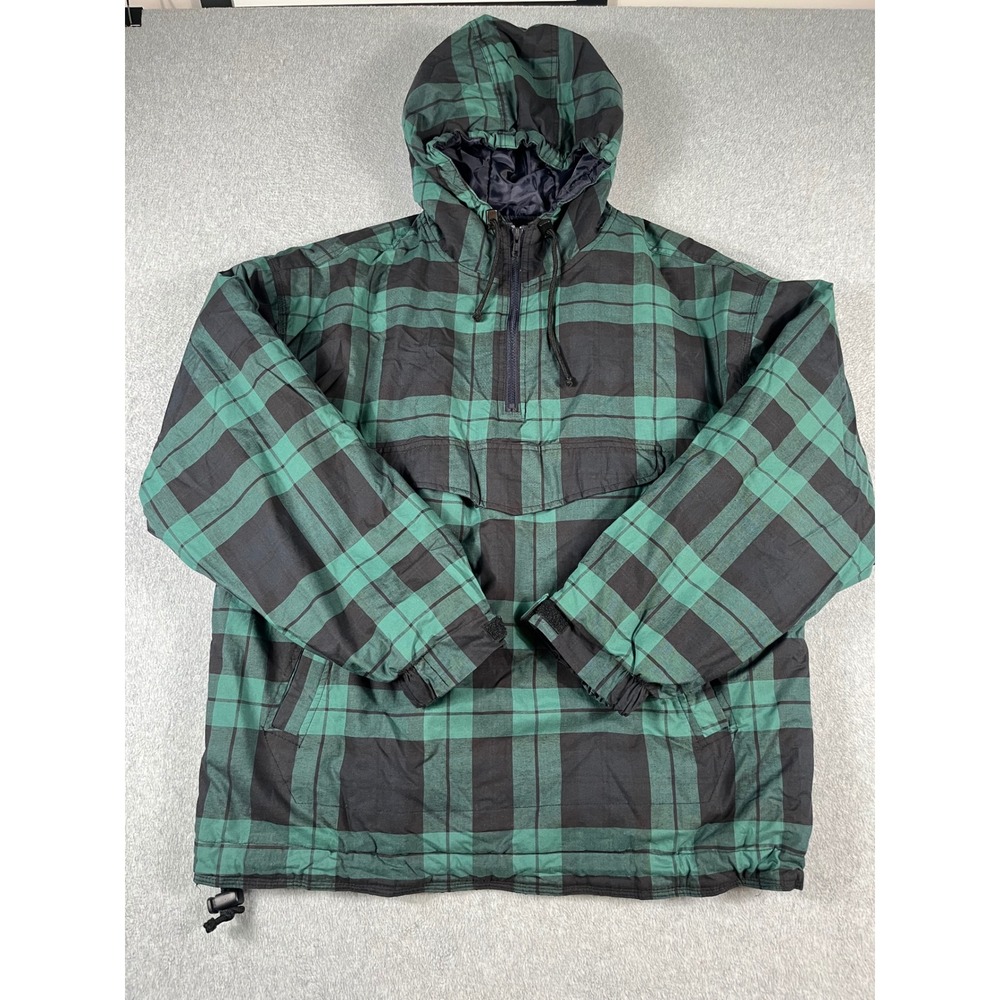 VTG 90s Gap Mens Green Black Plaid Anorak Jacket Half Zip Hooded Puffer Large